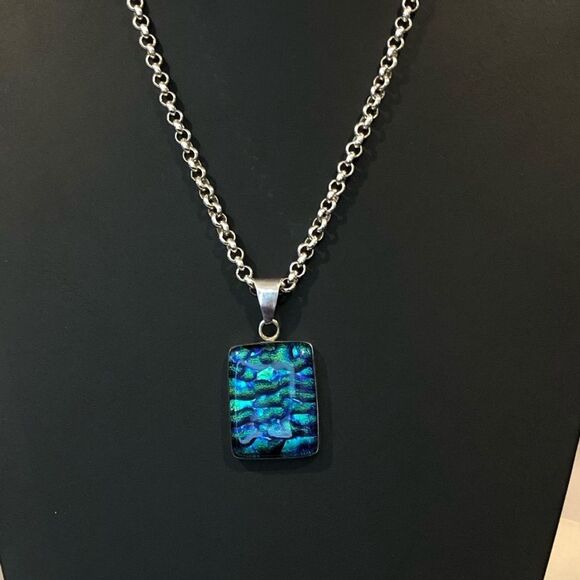 Sterling Silver Rolo Necklace and Blue Green Dichoic Glass 925 Pendant 24” - Picture 11 of 17